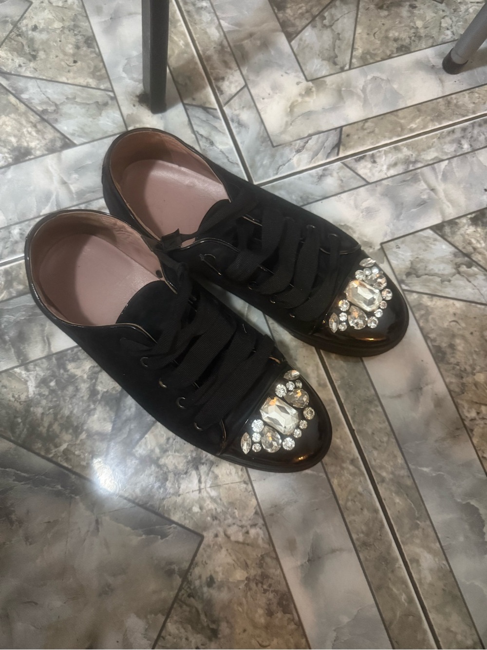 Black Crystal-Embellished Women's Lace-Up Sneakers